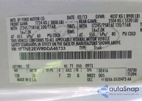 2013 Ford E-250 Commercial from USA, damaged, VIN 1FTNE2EW9DDA46733